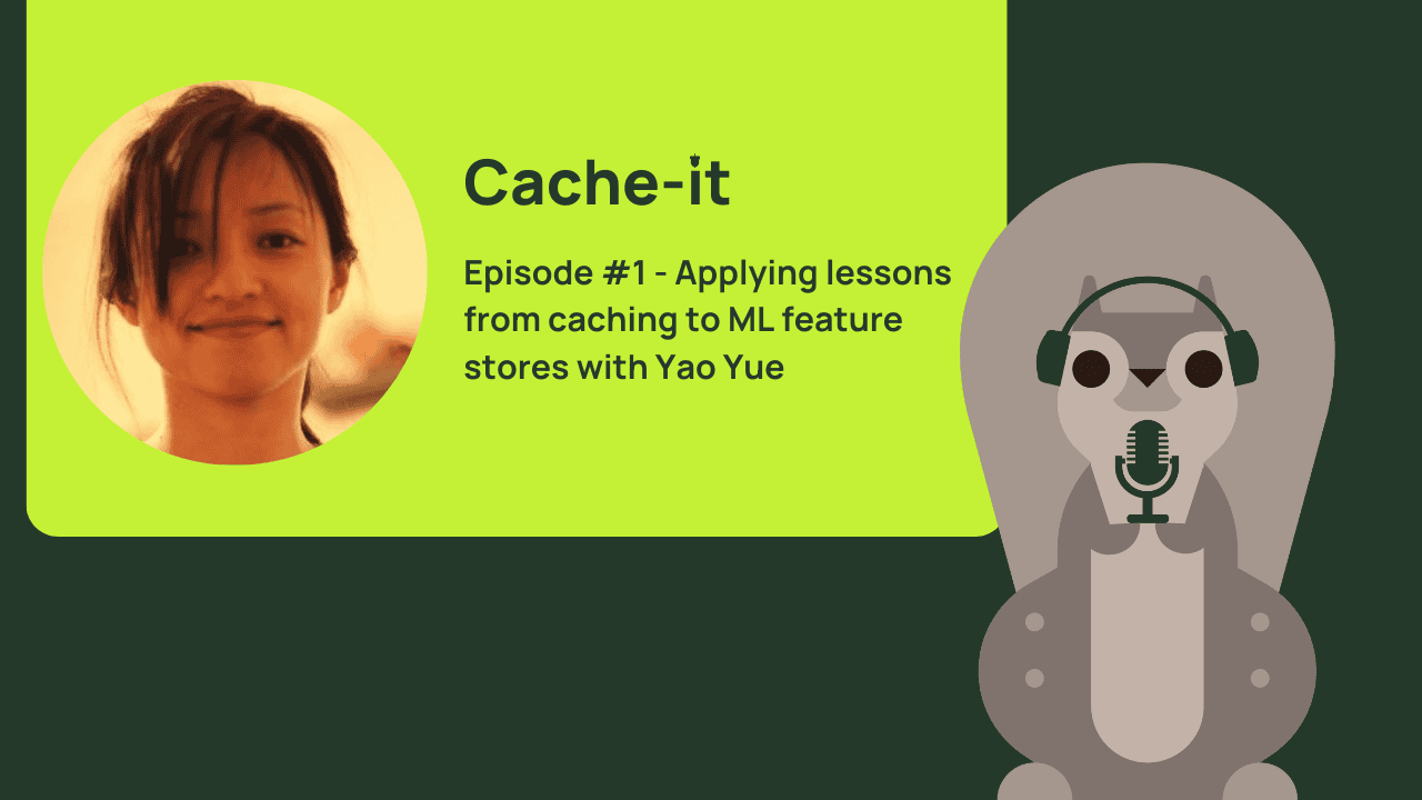 Cache-it episode 1 graphic with Yao Yue's portrait and a squirrel at a microphone