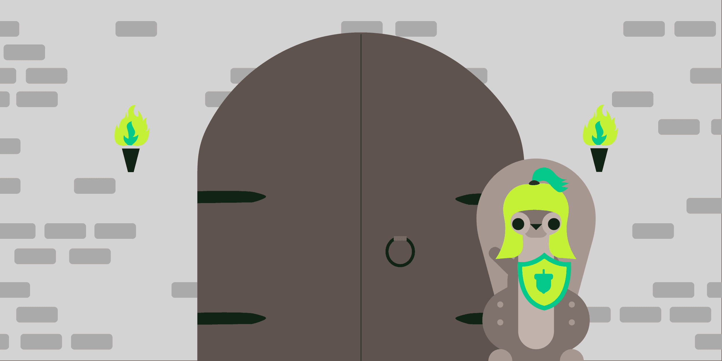A squirrel in armor guarding a castle door