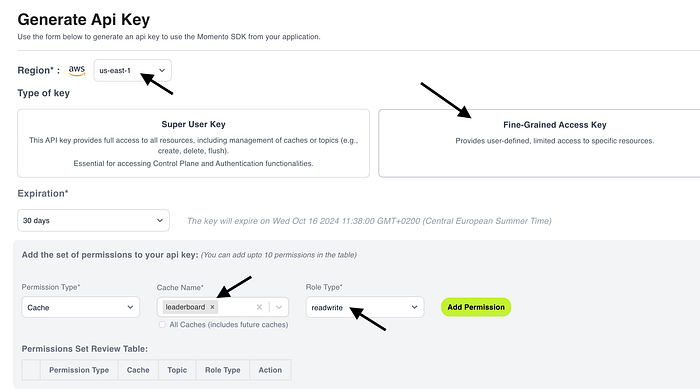 Generate API key dashboard screenshot in Momento console