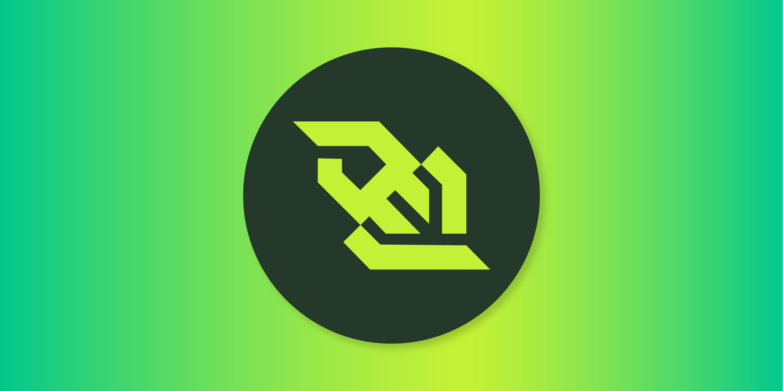 A yellow geometric emblem on a dark circle and green gradient background
