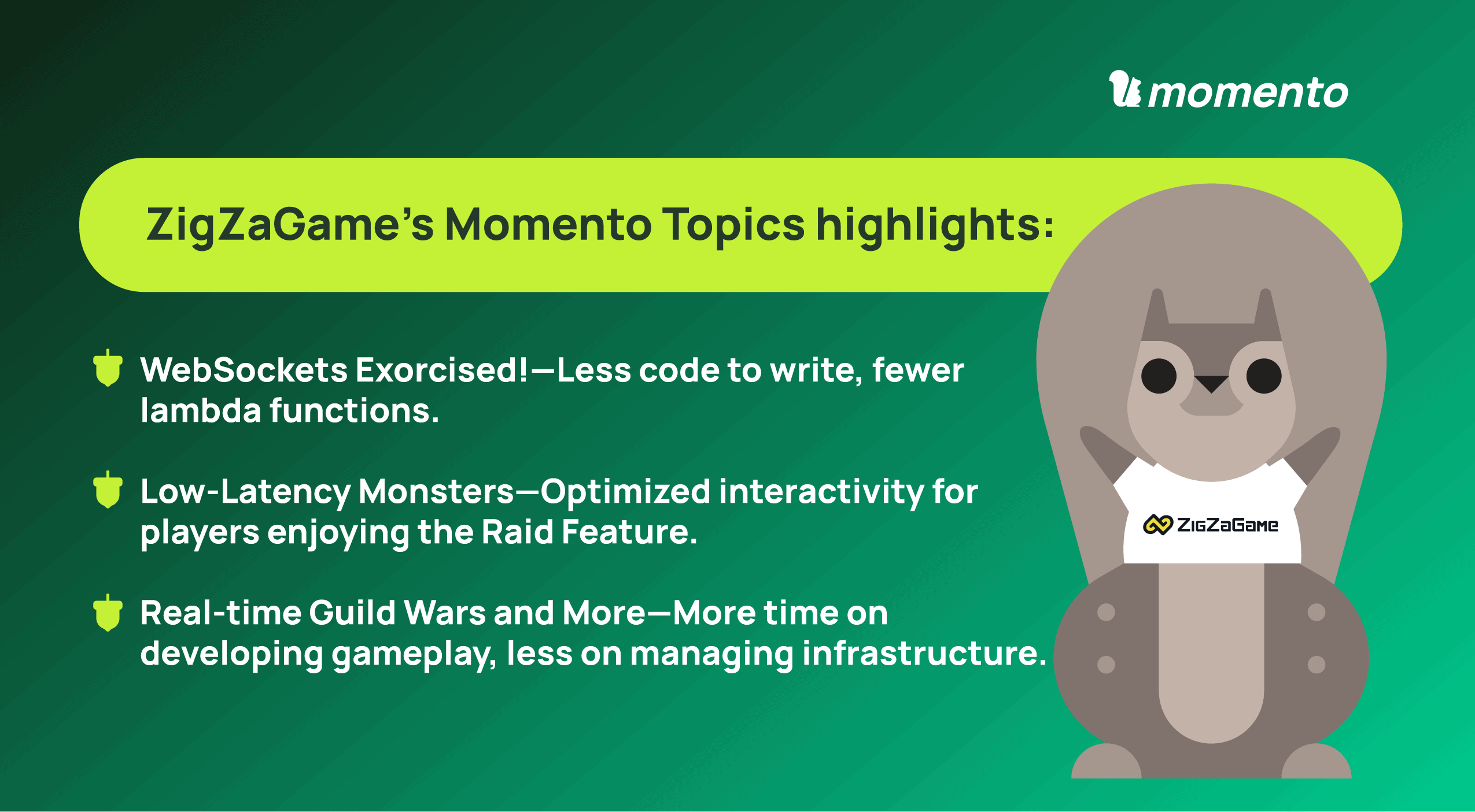 Illustration of mo with3 bullet points listing out the highlights of the case study with ZigZaGame