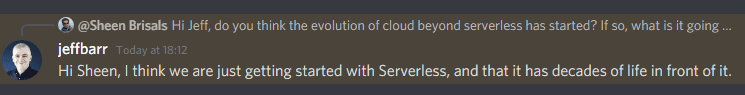 Social media conversation between Sheen and Jeff Barr discussing how to get started with serverless